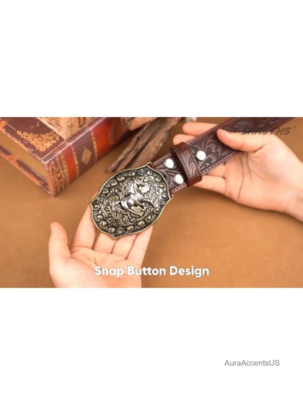 Embossed Leather Western Belt with Detachable Horse Buckle, Cowgirl Style